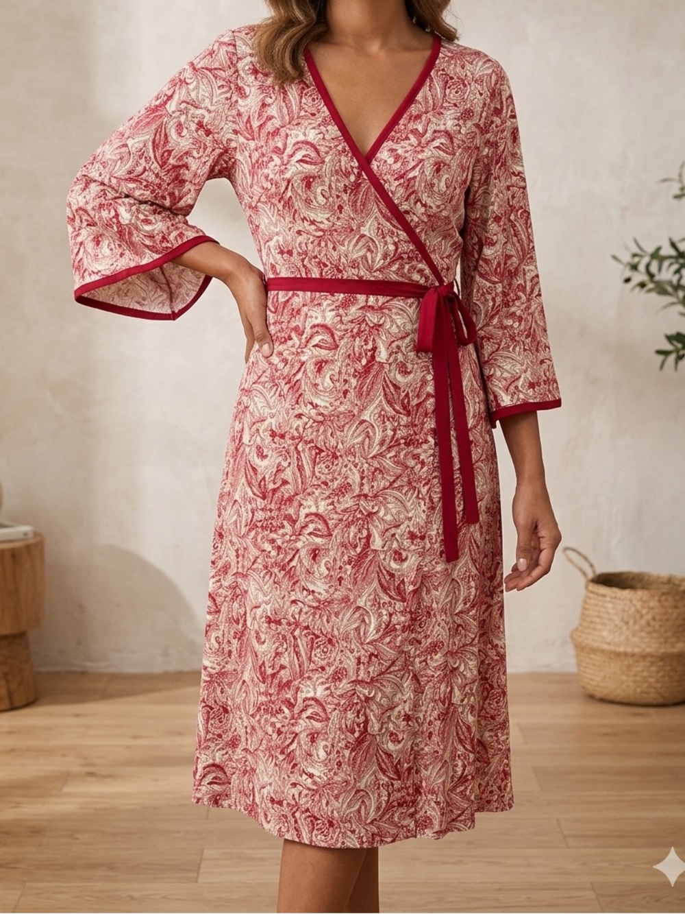 Studio M Burgundy Beige Paisley Pattern Wrap Bohemian Dress Flutter Sleeve Sz S